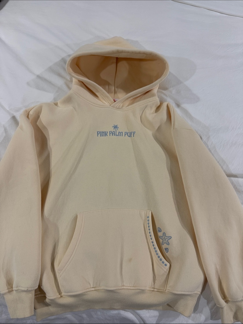 PINK Palm Puff Cream Dog Hoodie with Blue Logo